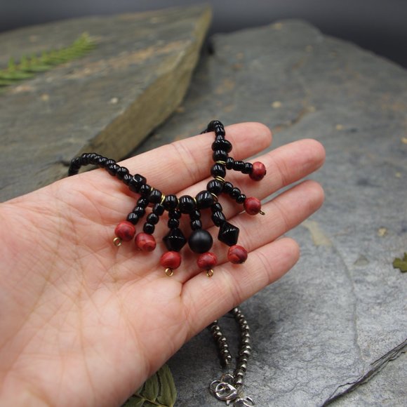 Black and Red Beaded Fringe Statement Necklace with Czech Crystal and Handmade B - Picture 3 of 5
